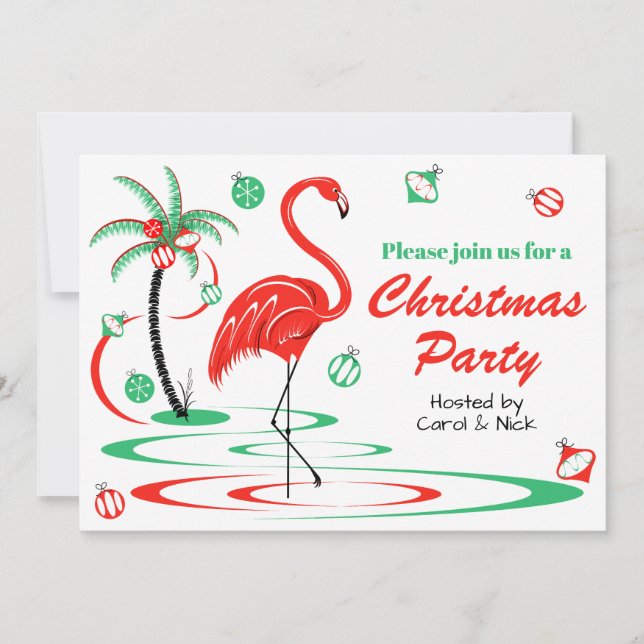 Red Christmas Flamingo Christmas Party landscape Invitation (Front)