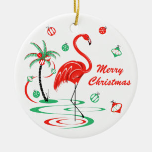 Red Christmas Flamingo Christmas round Ceramic Tree Decoration