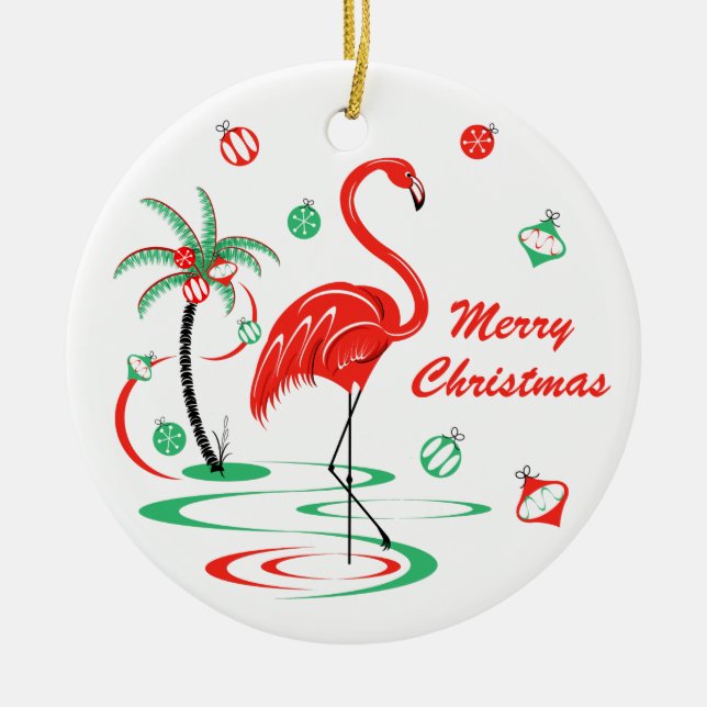 Red Christmas Flamingo Christmas round Ceramic Tree Decoration (Front)