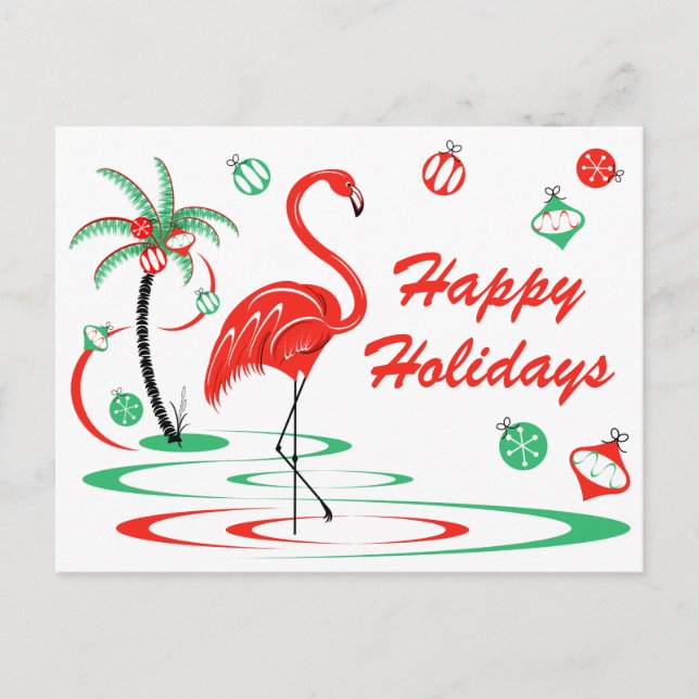 Red Christmas Flamingo Happy Holidays landscape Postcard (Front)
