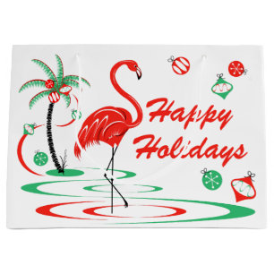 Red Christmas Flamingo Happy Holidays large Gift Bag