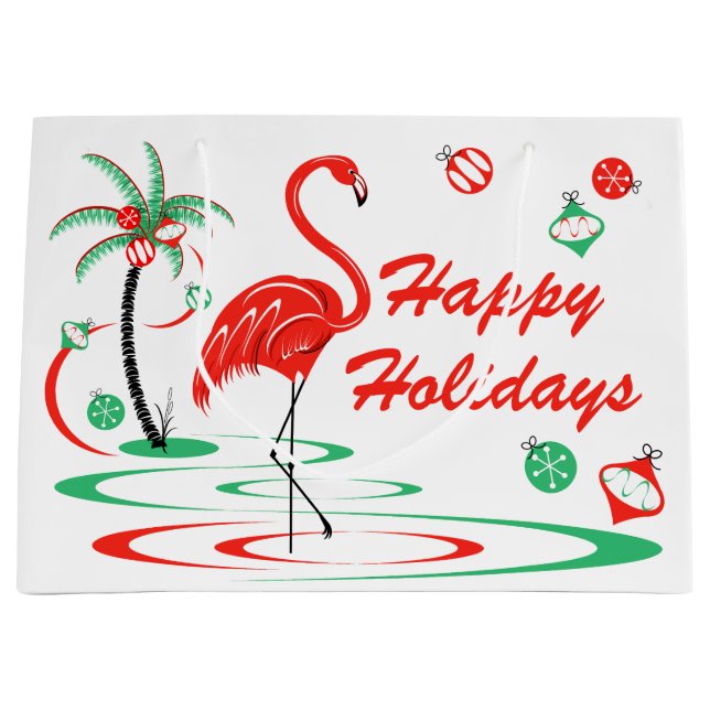 Red Christmas Flamingo Happy Holidays large Gift Bag (Front)