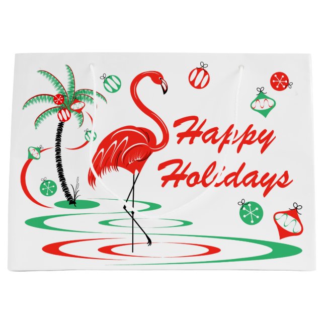 Red Christmas Flamingo Happy Holidays large Large Gift Bag (Front)