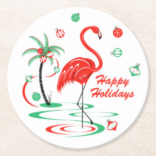 Red Christmas Flamingo Happy Holidays paper round Coaster