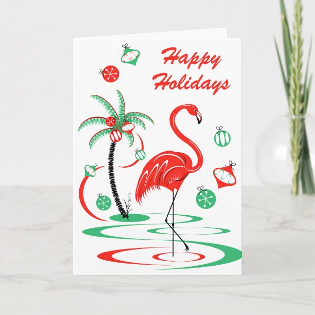 Red Christmas Flamingo Happy Holidays portrait Holiday Card (Front)
