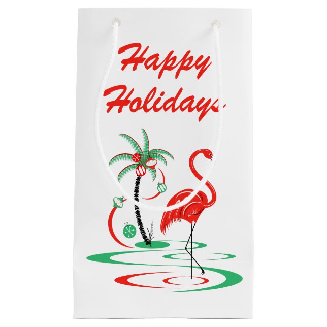 Red Christmas Flamingo Happy Holidays small Small Gift Bag (Front)