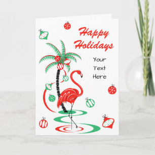 Red Christmas Flamingo Happy Holidays Text front Holiday Card