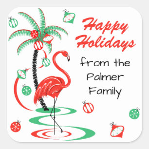 Red Christmas Flamingo Happy Holidays Text square Sticker