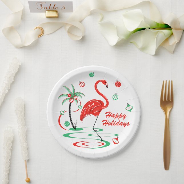 Red Christmas Flamingo Holidays paper plate (Wedding)