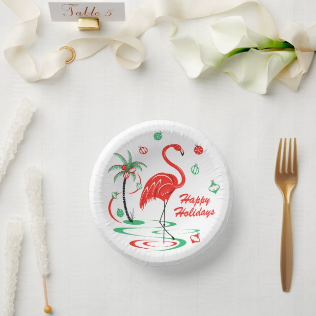 Red Christmas Flamingo Holidays  Paper Plate (Wedding)