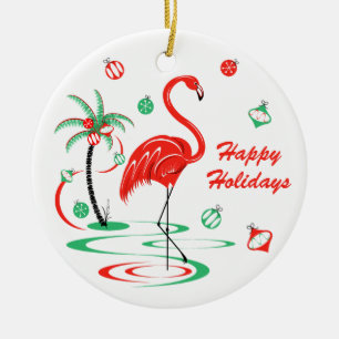 Red Christmas Flamingo Holidays Text round Ceramic Tree Decoration