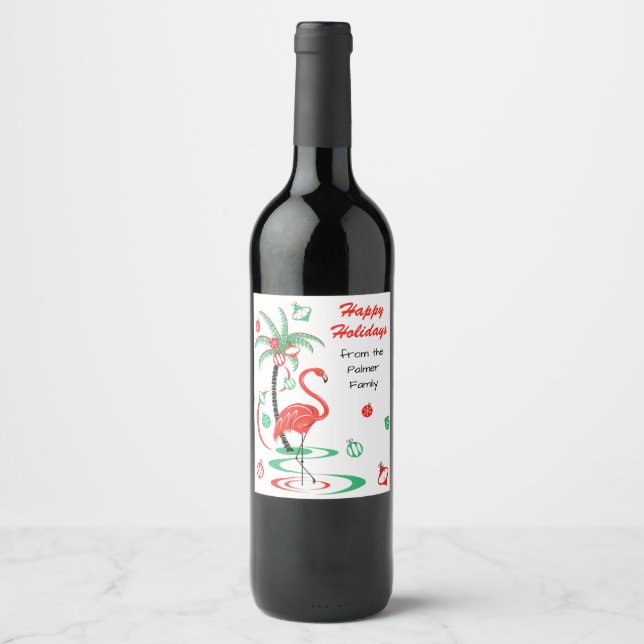 Red Christmas Flamingo Holidays Text wine label (Front)
