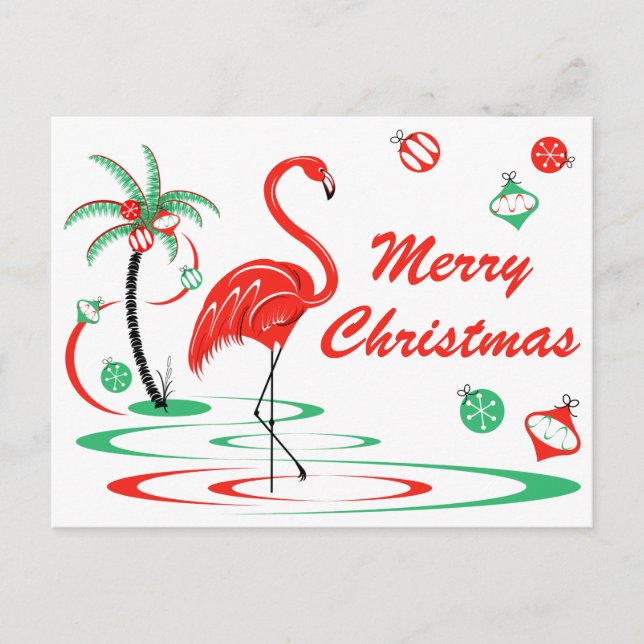 Red Christmas Flamingo Merry Christmas landscape Holiday Postcard (Front)