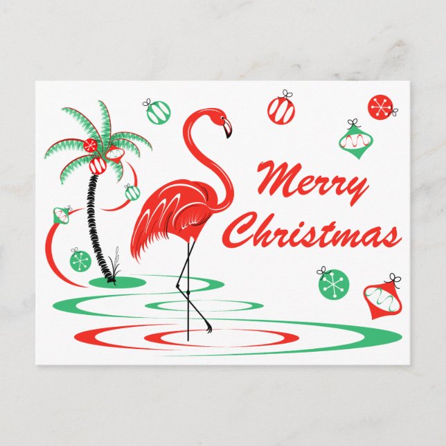 Red Christmas Flamingo Merry Christmas landscape Postcard (Front)
