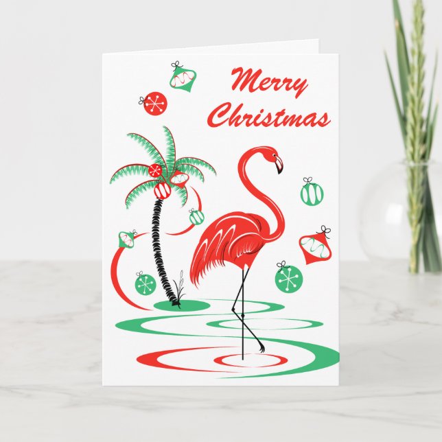 Red Christmas Flamingo Merry Christmas portrait Holiday Card (Front)
