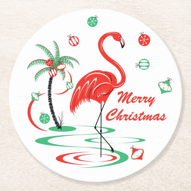 Red Christmas Flamingo Merry Christmas round Round Paper Coaster (Front)