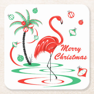 Red Christmas Flamingo Merry Christmas square Paper Coaster
