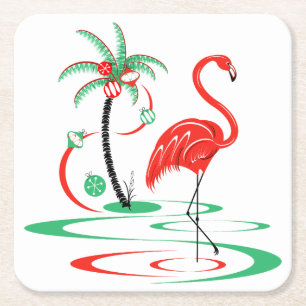 Red Christmas Flamingo square Paper Coaster