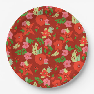 Red Christmas Flora Paper Plates