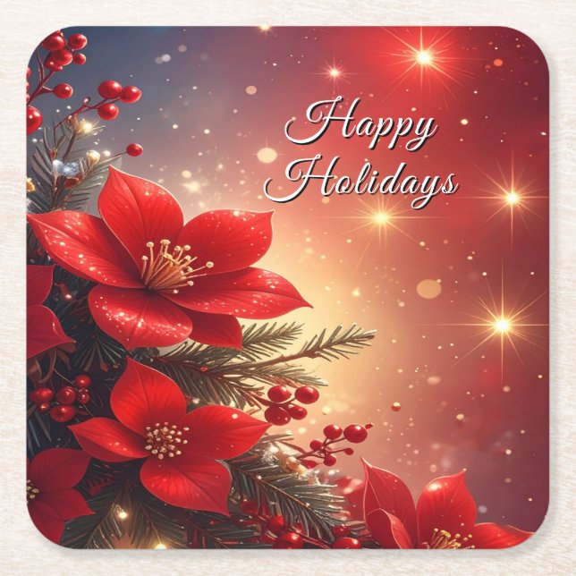 Red Christmas Floral Holiday Paper Coaster (Front)