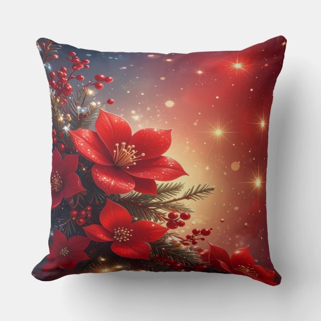 Red Christmas Floral Holiday Throw Pillow (Front)