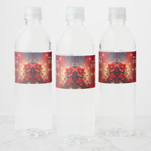 Red Christmas Floral Holiday Water Bottle Label