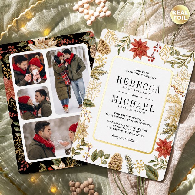 Red Christmas Floral Photo Collage Wedding Gold (Creator Uploaded)