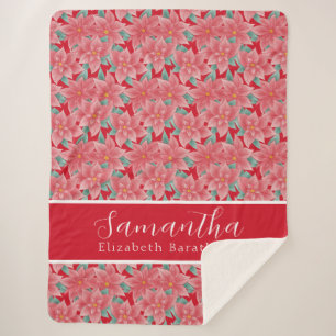 Red Christmas Floral Poinsettia Personalised Name Sherpa Blanket