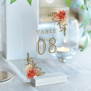Red Christmas Floral Wedding Acrylic Table Number