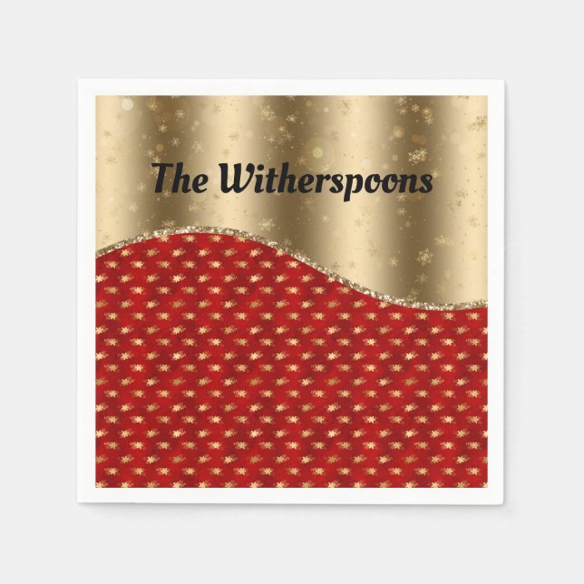 Red Christmas Floral with Gold Ribbon and Name Napkin (Front)