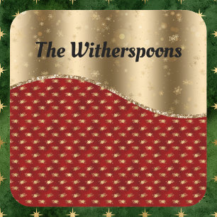 Red Christmas Floral with Gold Ribbon and Name Square Sticker