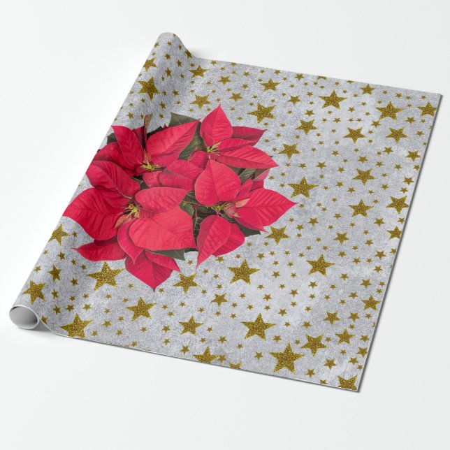 Red Christmas flower gold stars on abstract silver Wrapping Paper (Unrolled)