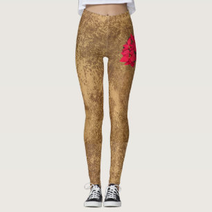Red Christmas flower on abstract gold paper Leggings