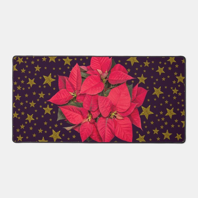 Red Christmas flower, sparkly gold stars on Desk Mat (Front)