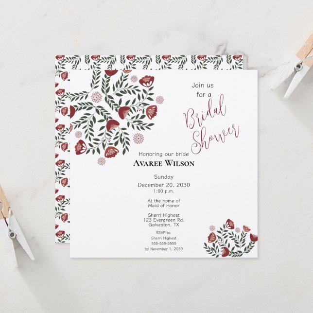 Red Christmas Folk Art Floral Invitation (Front/Back In Situ)