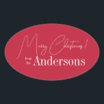 Red Christmas from Family Name Oval Sticker<br><div class="desc">Red Christmas design. Personalised with your family name. - Merry Christmas design in festive red and white with the message, "Merry Christmas! from the Johnsons". - Modern and stylish typography text templates ready for you to edit. - Ideal for your Christmas gift wrap, mailing accessories. envelope seals, and party favour...</div>