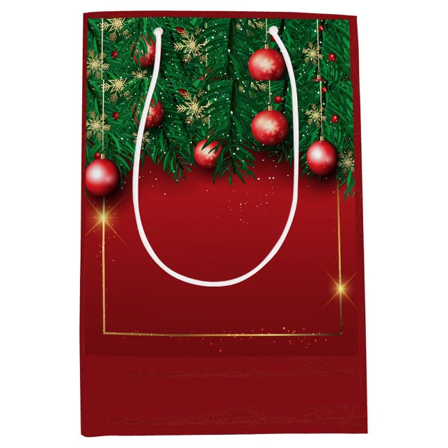 Red Christmas Gift Bag with Pine Branches (Red Green Decorated Gift Bag!)