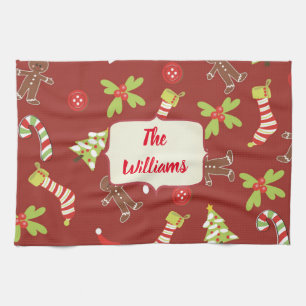 Red Christmas Gingerbread Holiday Tea Towel