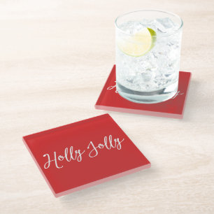 Red Christmas Glass Coasters Holly Jolly