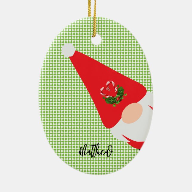 red christmas gnome pattern name green chequered f ceramic tree decoration (Back)