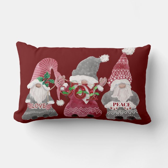 Red Christmas Gnomes Love Joy Peace Typography Lumbar Cushion (Front)