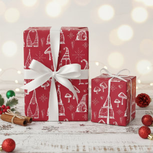 Red Christmas Gnomes, Mushrooms & Snowflakes Kids Wrapping Paper