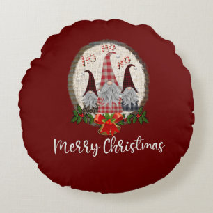 Red Christmas Gnomes Trendy Elves Round Cushion