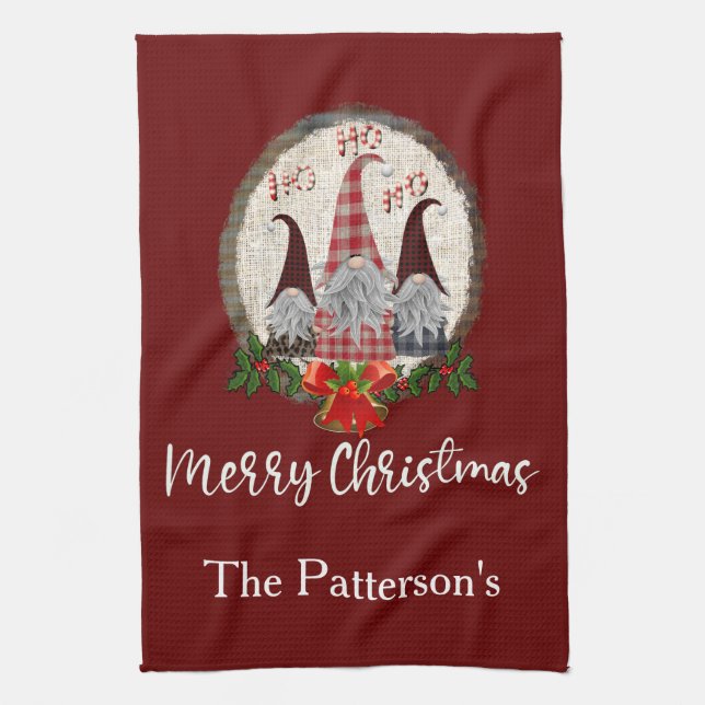 Red Christmas Gnomes Trendy Elves  Tea Towel (Vertical)