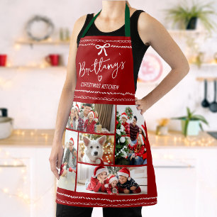 Red Christmas Hand Drawn Doodle Photo Collage Name Apron