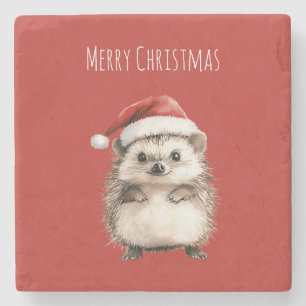 Red Christmas Hat Hedgehog Stone Coaster