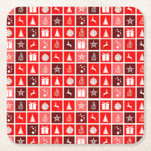 Red Christmas Holiday Cute Tree Reindeer  Square Paper Coaster