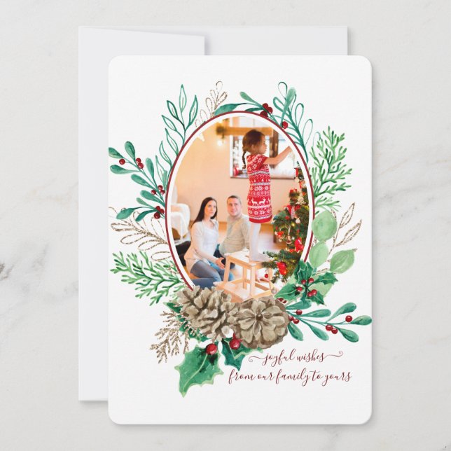 Red Christmas Holly Berry Pine Cone Wreath w Photo Holiday Card (Front)