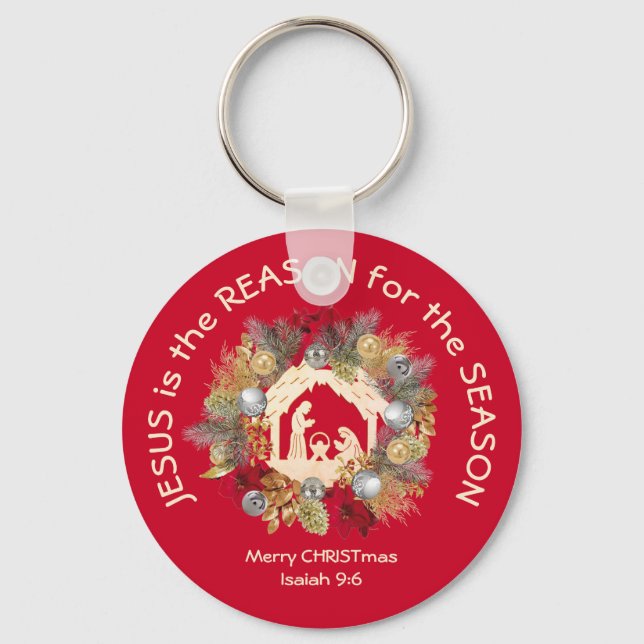 Red Christmas JESUS IS THE REASON Keychain (Front)