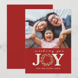 Red Christmas Joy Watercolor Wreath Photo Card